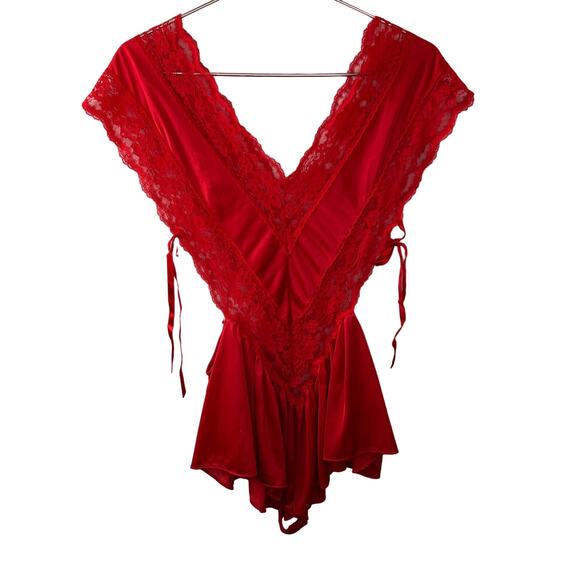 Vintage Teddy Bodysuit Red Cut Out Sides Lace Floral Drawstring Deep V-Neck O/S - Picture 4 of 4